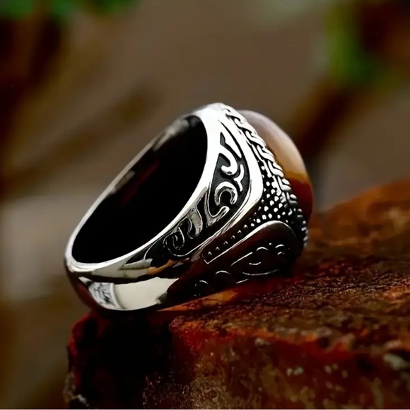 NEW Unisex Large Turkish Style Silver 925 Amber Stone Ring chunky style - Picture 3 of 3